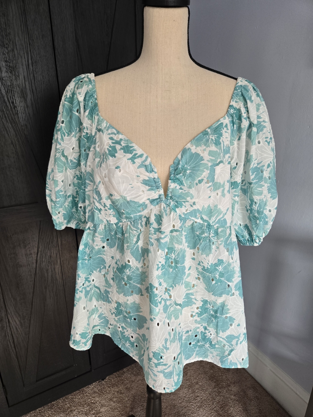 Hailey & Co Teal Aqua/White Floral Women’s Floral Puff-Sleeve Peplum Top 2x